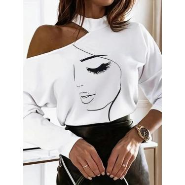 Imagem de Camiseta Feminina Branca Manga Comprida - Ombro De Fora - Estilo Chiqu
