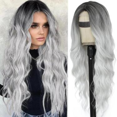 Imagem de Peruca BEAUTIFA Silver Grey Wavy 66cm Parte Central Sintética