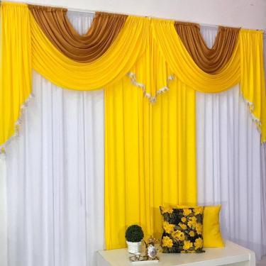Imagem de Cortina Mayara Varão Duplo Malha Franja 3M Amarelo Mostarda