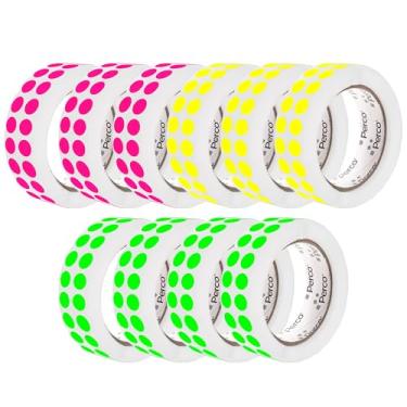 Imagem de Perco Etiquetas adesivas de ponto circular perfurado de 1/2 polegada — 10 rolos, 30.000 adesivos fluorescentes redondos (4 verdes, 3 amarelos, 3 rosa) — com adesivo permanente para calendários