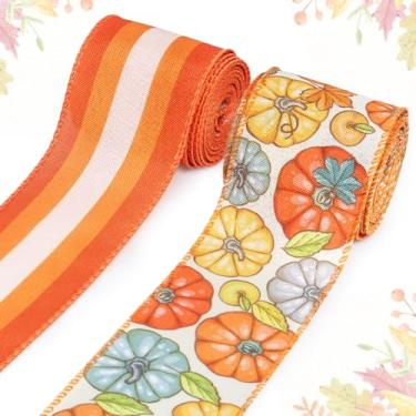Imagem de LANGFON 2 rolos de fita de outono de ação de graças, borda de serapilheira com fio colorido abóbora marrom listras decorativas fitas para outono, festa de Ação de Graças, embrulho de presente