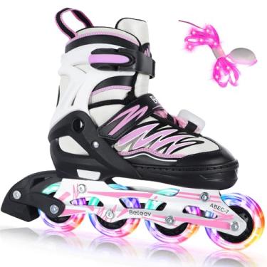 Imagem de BELEEV Patins em linha com rodas iluminadas e cadarços, lâminas de rolo ajustáveis de 4 tamanhos para crianças, meninos e meninas de 5 a 8 anos, 8 a 12, 6 a 12 anos, patins iluminadores para jovens e