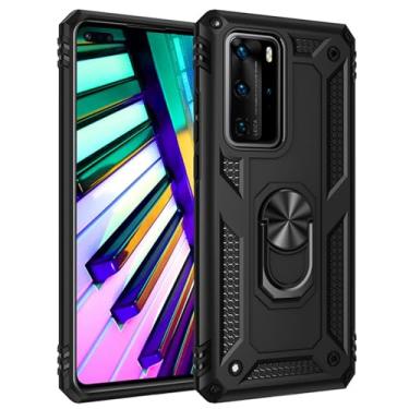 Imagem de SORAKA Capa para Huawei P40 Pro com suporte de anel de metal, capa à prova de choque, borda de silicone macio, capa traseira rígida de policarbonato com placa de metal para suporte magnético de