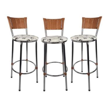 Imagem de KIT 3 Banquetas Alta Cromada Junco IMBUIA Cozinha Balcão Bancada - ESP