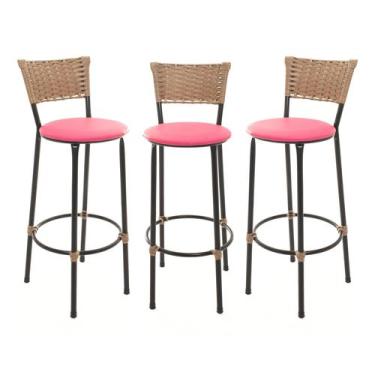 Imagem de KIT 3 Banquetas Tricô Náutico DOURADO Alta Bancada Balcão Cozinha Area