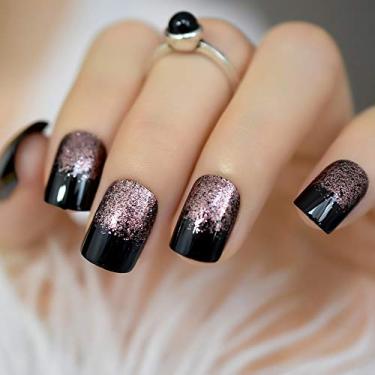 Imagem de Elevenail Preto Claro Café Marrom Glitter French Press On Unha Postiça Média Curta Quadrada Brilho Unhas Postiças Pontas Salão Manicure Reutilizável Faça Você Mesmo Unhas Artificiais Arte Para Mulhere