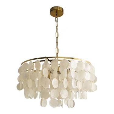 Imagem de Lustre de conchas naturais costeiras Capiz, lustre moderno de conchas redondas, luminária pendente para teto de casa idílica de fazenda para sala de jantar, sala de estar, cozinha, banheiro/