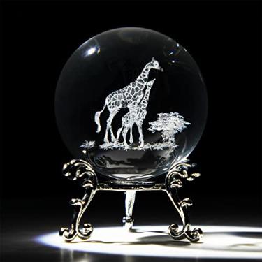 Imagem de HDCRYSTALGIFTS 60 mm 3D Gravado a Laser Mamãe e Bebê Girafas Bola de Cristal Peso Papel Arte Animais Estatueta Colecionáveis Vidro Decorativo Esfera Completa com Suporte Girafa Presentes
