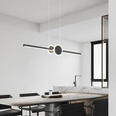 Imagem de Lustre nórdico clássico moderno linear luz pendente cozinha LED pendurado teto barra lâmpada minimalismo preto verde longo lustre para sala de jantar sala de estar quarto, escuro