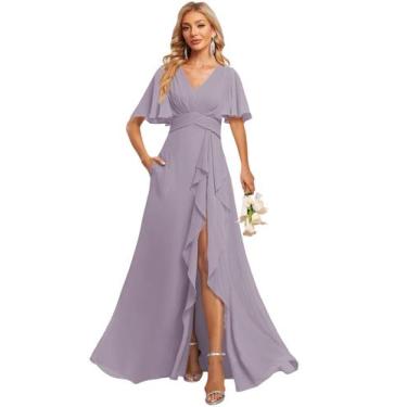 Imagem de Vestido de dama de honra desamify elegante, longo, decote em V, chiffo