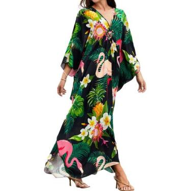 Imagem de Vestido Kaftan MAKABO Plus Size com estampa de animais coloridos para 