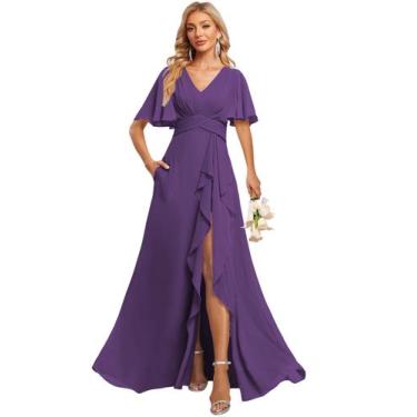 Imagem de Vestido de dama de honra demamify roxo, chiffon, decote em V, linha A 