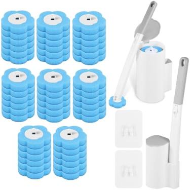 Imagem de Kit de limpeza de vaso sanitário montado na parede com 48 peças de cabeças de substituição reutilizáveis e 2 alças estendidas 360° conjunto de suporte de escova de vaso sanitário de limpeza profunda