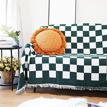 Imagem de Cobertor grande, xadrez moderno e tapeçaria quadriculada cobertor de borla para sofá, cadeira, cama, poltrona, preto, 70 x 180 cm (verde escuro 90 x 90 cm) (verde escuro 180 x 380 cm)