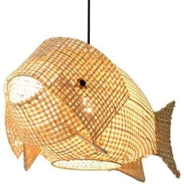 Imagem de WYUYIWH Lustres de material natural tecidos à mão, luzes de teto criativas de bambu, iluminação pendente em forma de peixe, luzes de vime, lustres de tecido para sala de jantar e quarto com ajuste