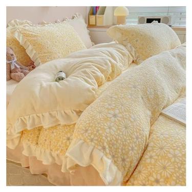 Imagem de Capa de colcha de renda espessa para meninas, lençol de flanela, veludo coral leite, quatro peças, inverno (lençol de cama amarelo de 1,5 m)