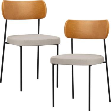 Imagem de Kit 02 Cadeiras Estofadas Para Sala De Jantar Melina L02 Couríssimo Whisky Linho Cru - Lyam Decor