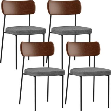 Imagem de Kit 04 Cadeiras Para Sala De Jantar Melina L02 Couríssimo Marrom Linho Cinza Escuro - Lyam Decor