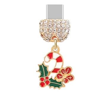 Imagem de ELISE & FONDA TP964 Tipo-C porta de carregamento cristal antipoeira pequeno doce de Natal com pingente de telefone celular para iPhone 15/16/Samsung/OnePlus/Xiaomi/oppo telefones Android (vermelho e
