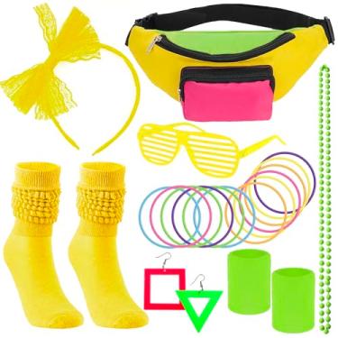 Imagem de YAROMO Acessórios de fantasia dos anos 80, pochete dos anos 80, faixa de cabelo, luvas arrastão, pulseiras, brincos, colares, meias para mulheres, Amarelo, Large