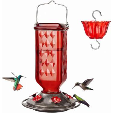 Imagem de Alimentador de beija-flor para pendurar ao ar livre, vidro à prova de vazamento, alimentador de beija-flor com protetor de abelha para fosso de formiga, 6 portas de alimentação de metal com poleiros