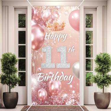 Imagem de Faixa rosa rosa feliz aniversário 11 anos pano de fundo diamante glitter tema decoração para meninas princesa festa de aniversário decoração decoração suprimentos 89 x 182 cm BECKTEN