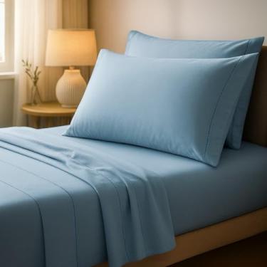 Imagem de Jogo de Cama Casal 400 Fios - Lençol com Elástico e Fronha Envelope, Conforto e Sofisticação(Azul Claro,Solteiro 3 Peças)