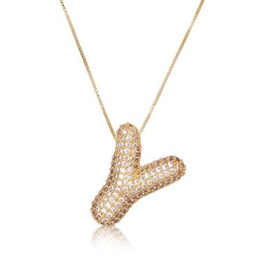 Imagem de Colar feminino, colar com letra de diamante dourado com inicial de zircão, alfabeto, colar de bolha de cristal, pingente de nome, joia para mulheres (Y)
