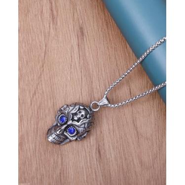 Imagem de Colar vintage com pingente de caveira de safira azul - joia gótica retrô de aço inoxidável para homens, design exclusivo e elegante LCC978-P, One Size, Aço inoxidável, Sem Pedra Preciosa