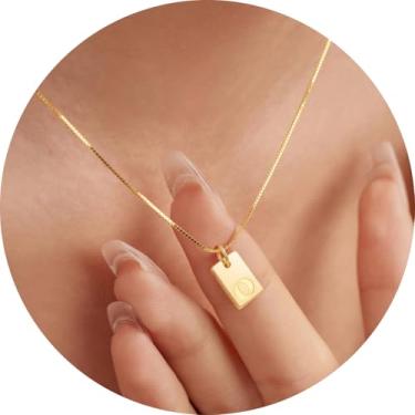 Imagem de Colar com inicial feminina, pingente retangular banhado a ouro 18K, joia mínima de A a Z, colar personalizado, 18+2in, Aço inoxidável, Sem Pedra Preciosa