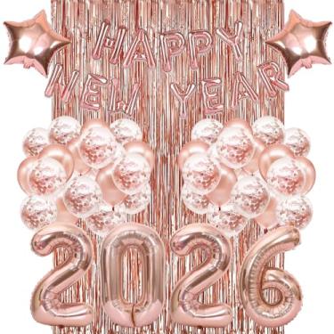 Imagem de Artigos de festa de ano novo 2025, decorações de ano novo em ouro rosa 2025 com banner de balão de feliz ano novo, balões com números de 2025, cortina de franja de alumínio, balões de confetes de