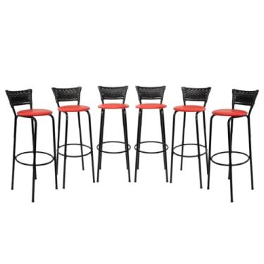 Imagem de Kit 6 Banquetas Altas 80cm Estrutura Preta Encosto Junco Preto Ideal Bancada Cozinha Americana Bares Balcão Ilha Área Gourmet Piscina Itagold (Assento Vermelho)