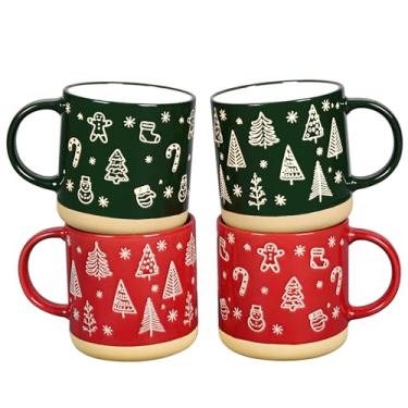Imagem de Maustic Conjunto de 4 canecas de Natal, canecas de café de Natal, caneca de férias com design festivo, caneca de cerâmica para cacau quente, chocolate quente, café, chá, presentes para a família, 340
