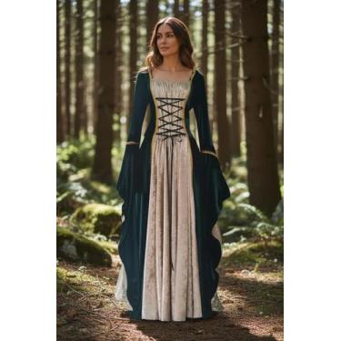 Imagem de Vestido Rainha Elfa Medieval Verde Com Bege Dourado Luxuoso - Princesa