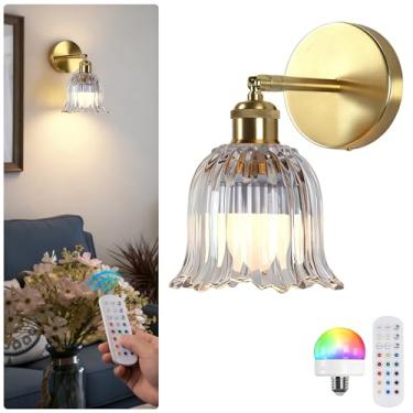 Imagem de Jaenmsa Arandela de parede vintage operada a bateria com abajur de vidro listrado transparente recarregável a bateria com controle remoto para cabeceira, quarto, banheiro, conjunto de 2