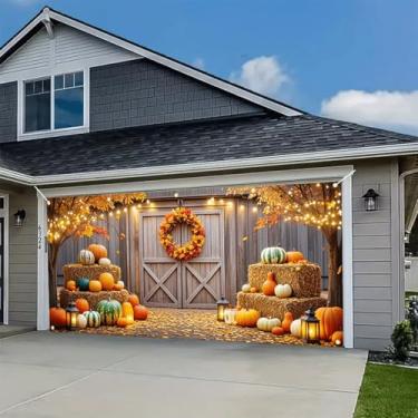 Imagem de HOMETITUTE Banner para porta de garagem de outono, 4 x 1,8 m, tema de Ação de Graças, outono, decoração de casa de fazenda, com fardos de feno de abóboras para foto de fundo para decoração de quintal