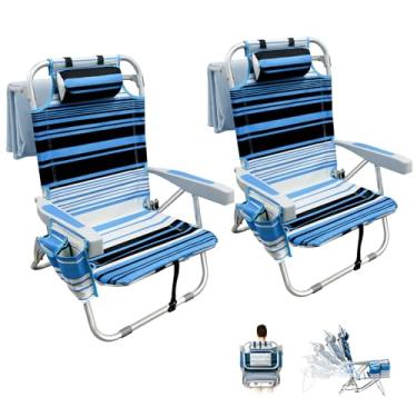 Imagem de Pacote com 2 cadeiras de praia para adultos, cadeira de praia leve dobrável com suporte de copo e encosto de cabeça acolchoado, cadeira de alumínio reclinável resistente de 5 posições para pátio de