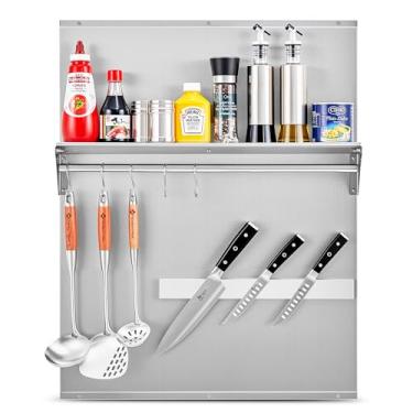 Imagem de WILPREP Range Backsplash, backsplash de aço inoxidável de 61 cm x 76 cm com prateleira de armazenamento e suporte magnético para facas, exaustor de aço inoxidável para fogão, escudo de parede de