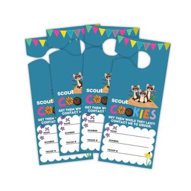 Imagem de Cabide de porta de biscoito escoteiro pacote com 50 unidades 21,6 x 9 cm preto com pé mascote furão 2026 menina tropa reordenar meta de vendas líderes porta vizinho etiquetas (azul)