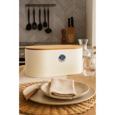 Imagem de Lata Redonda Porta Pão Com Tampa De Bambu - Creme