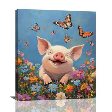 Imagem de Arte de parede de porco, fotos engraçadas de borboletas de porcos, decoração de parede, pinturas em tela de flores de animais de fazenda, arte emoldurada para banheiro, sala de estar, quarto, cozinha