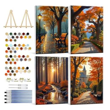 Imagem de HeeBenor Pacote com 4 kits de pintura por números para adultos tela emoldurada, pintura de outono por número com cavalete, kits de pintura para adultos de paisagem de outono DIY por números tela
