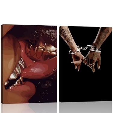 Imagem de 2 peças de arte de parede em tela de casal preto emoldurado homem e mulher afro-americano beijo de mãos dadas impressão de imagem quarto sala de estar estúdio bar pronto para pendurar 40 x 61