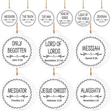 Imagem de Nomes de Jesus Cristo Decorações de Natal Presépio Ornamentos de Madeira Redondos Nome Salvador de Natal Ornamentos Pendurados para Árvore de Natal Carro Decoração de Casa (Branco, 48 Peças)