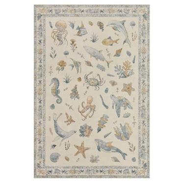 Imagem de Tapete macio de borracha antiderrapante de lã sintética lavável com animais marinhos para sala de jogos, banheiro, sala de estar, quarto, cabeceira, praia, fofo, náutico, berçário, tapete (azul multi