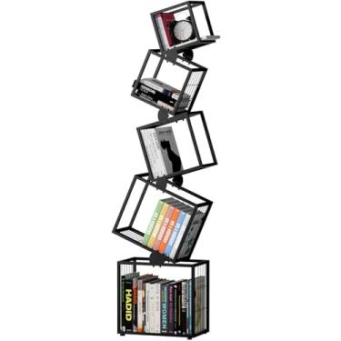 Imagem de sugitek Estante skinny de 5 camadas com design geométrico exclusivo - estante de metal moderna, organizador estreito para sala de estar, quarto, escritório, canto - preta