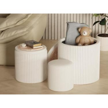 Imagem de WENRENER Conjunto redondo de 3 pufes com banquinho estofado de veludo para maquiagem, multifuncional, mesa de centro, assento acolchoado para sala de estar e quarto (branco)