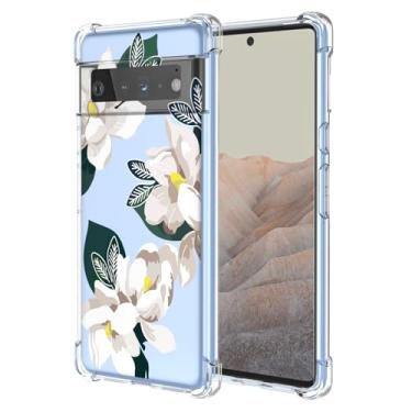 Imagem de WEIOUHR Capa para Pixel 6 Pro Google 6 Pro transparente, design de flor branca, TPU macio, à prova de choque, resistente a arranhões, capa protetora leve, para Google Pixel 6 Pro (Magnólia)