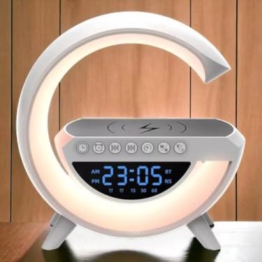 Imagem de Luminária Alto Falante Bluetooth - Caixa de Som com Carregamento Sem Fio 15W e Luz Noturna(COM relógio)