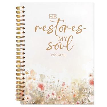 Imagem de YTRGI Caderno cristão para mulheres, diário de presentes cristãos, diário de oração para mulheres, caderno de diário bíblico, caderno espiral floral PSALM 23:3 He Restores My Soul 14 x 20 cm